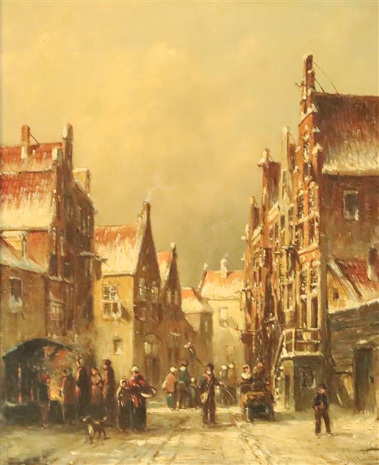Petrus Gerardus Vertin (1819-1893) Wintery French street scene with figures 9.25 x 7.5in.